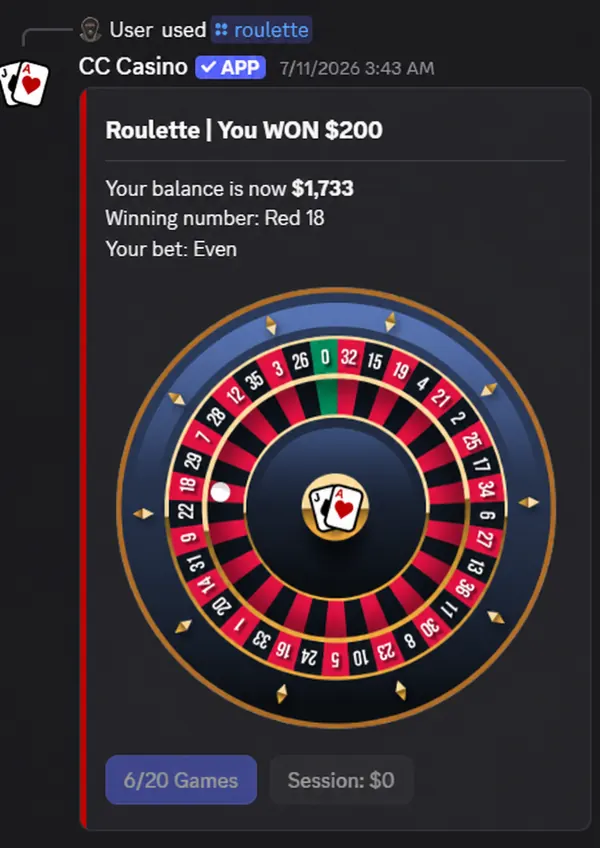 CC Casino-roulette som visar ett vinnande resultat